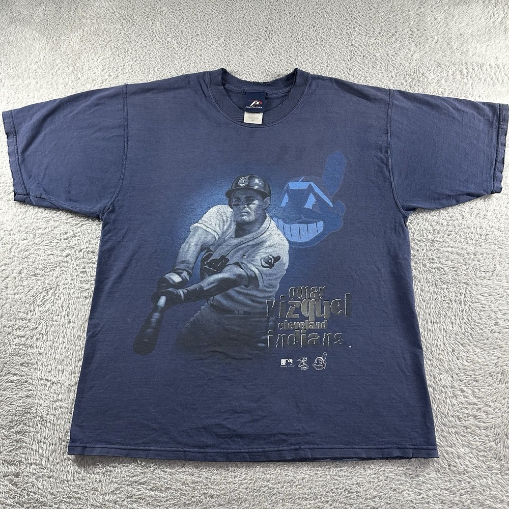 VINTAGE Cleveland Indians Shirt Mens Large‎ Blue Omar Vizquel Chief Wahoo